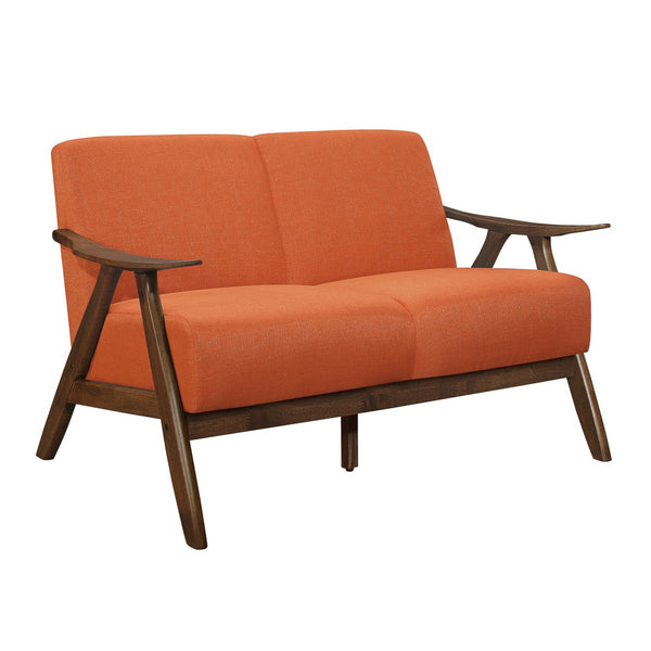 Indy 51 Inch Loveseat, Brown Wood Angled Frame, Textured Orange Fabric - BM313162