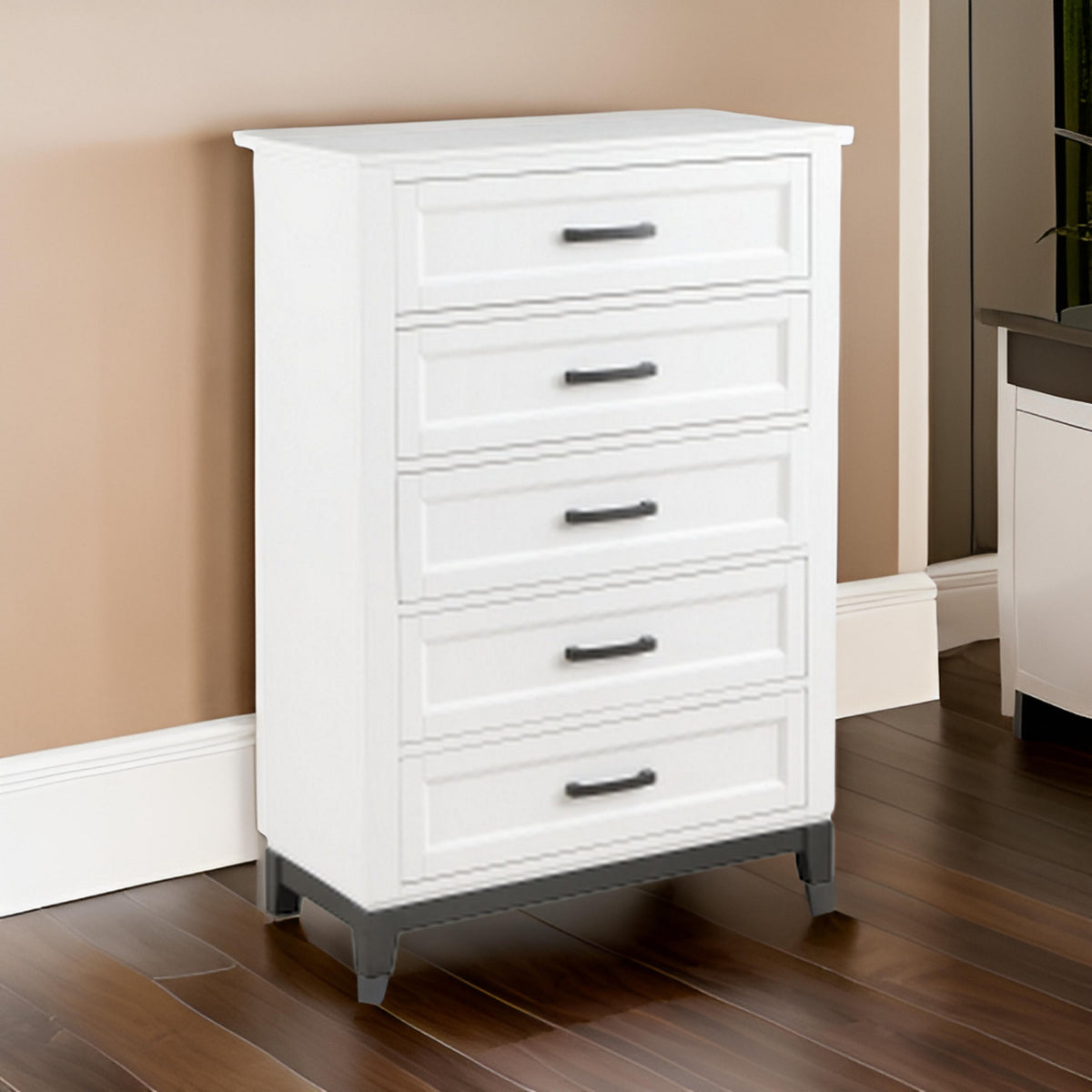 Thiem 51 Inch Tall Dresser Chest with 5 Drawers, Black Handles, White Wood By Casagear Home - BM313172