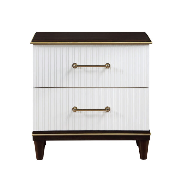 Shim 29 Inch Nightstand with 2 Drawers, Gold, White, and Cherry Brown Wood - BM313173