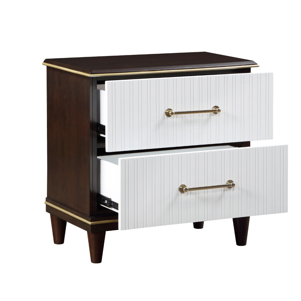 Shim 29 Inch Nightstand with 2 Drawers, Gold, White, and Cherry Brown Wood - BM313173