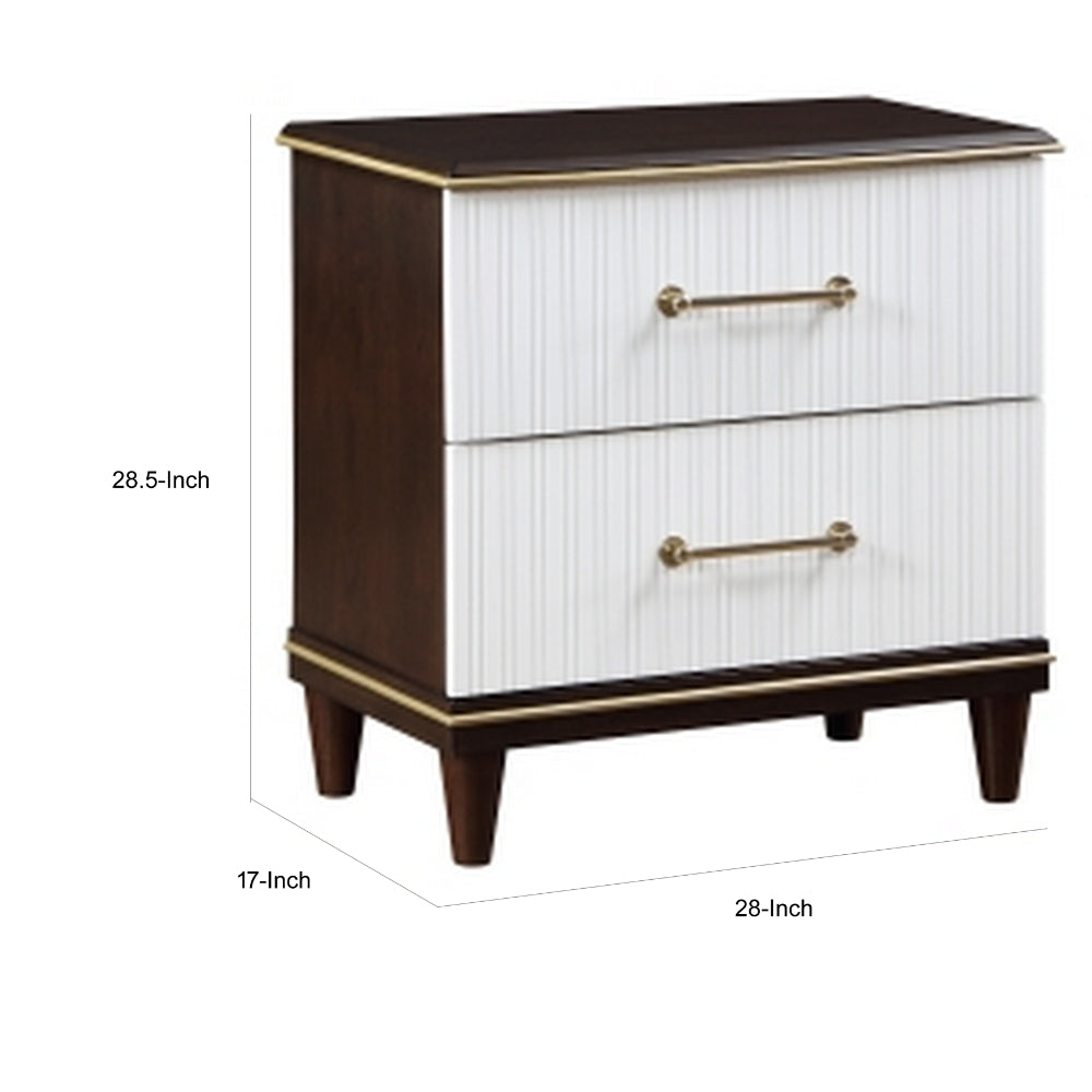 Shim 29 Inch Nightstand with 2 Drawers, Gold, White, and Cherry Brown Wood - BM313173