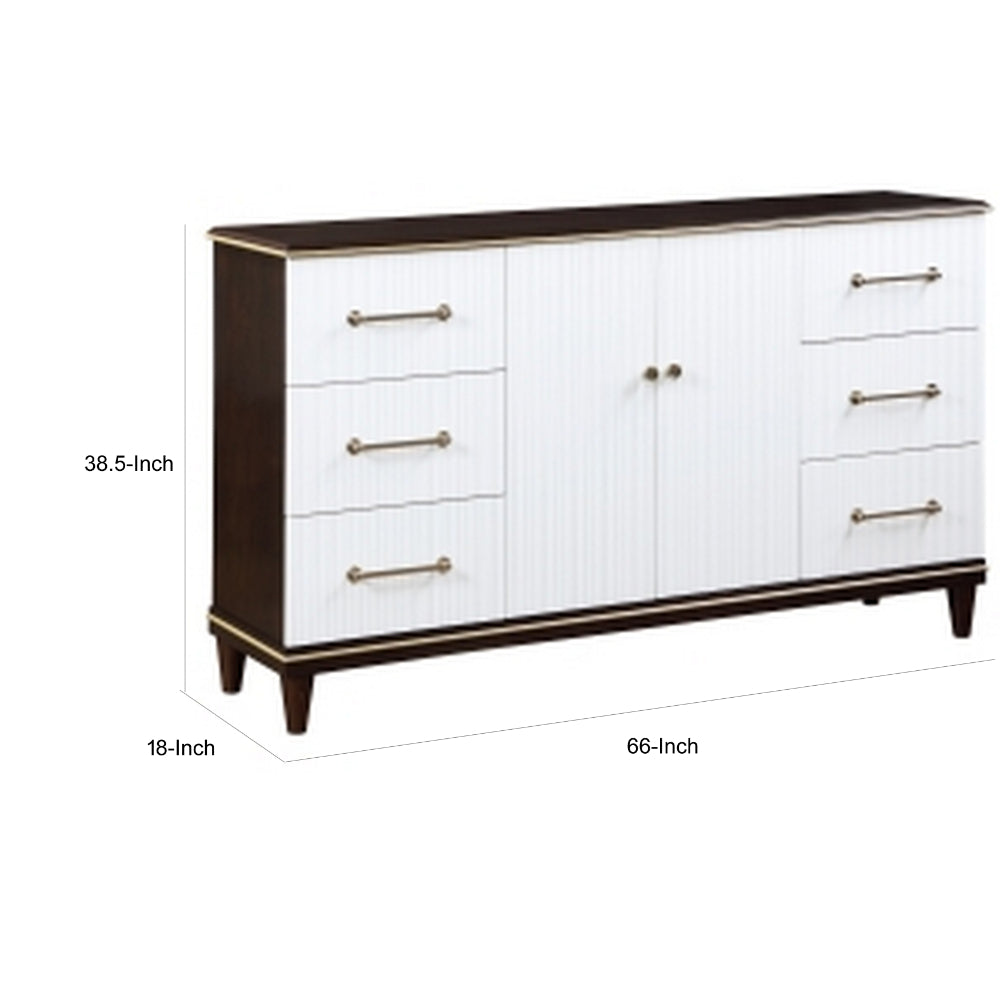 Shim 66 Inch Wide Dresser, 6 Drawers and Double Door, White, Cherry Brown By Casagear Home - BM313174