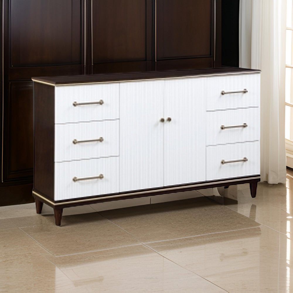 Shim 66 Inch Wide Dresser, 6 Drawers and Double Door, White, Cherry Brown By Casagear Home - BM313174