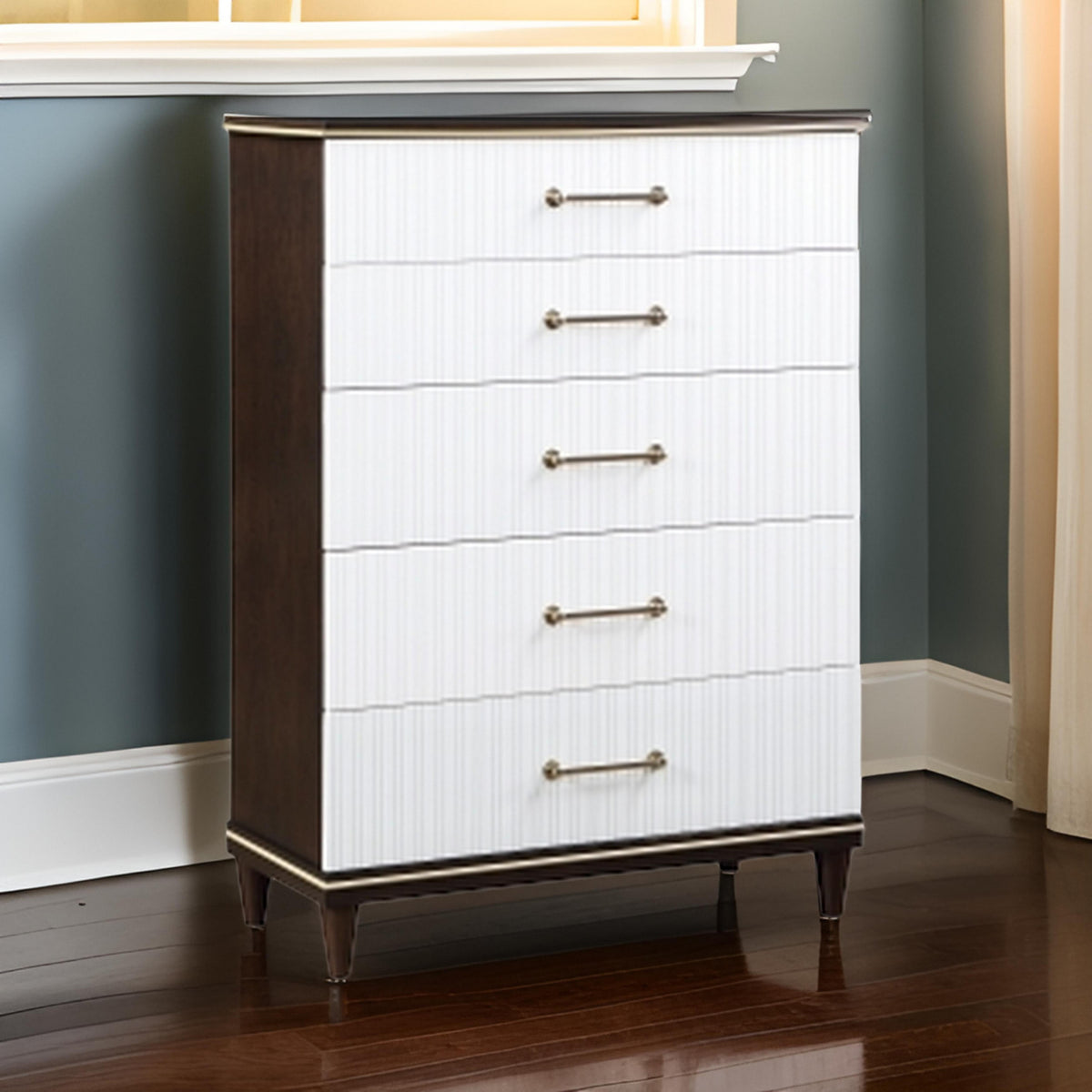 Shim 54 Inch Tall Dresser Chest with 5 Drawers, White, Cherry Brown Wood By Casagear Home - BM313175