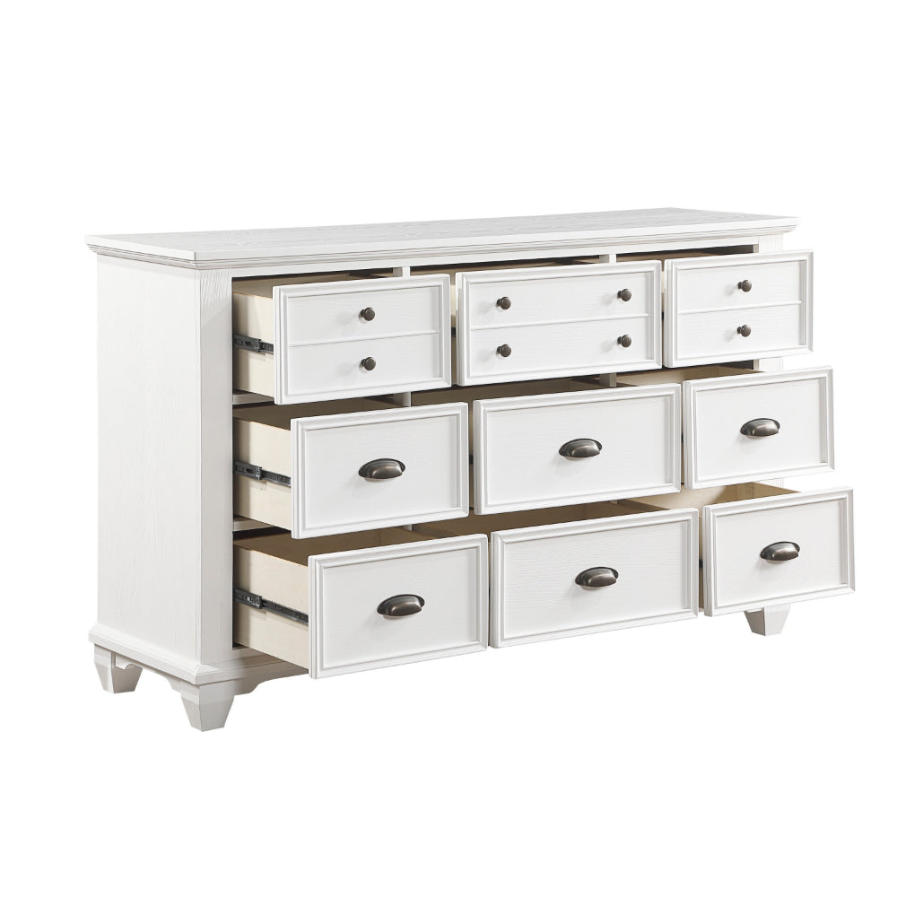 Lyni 61 Inch Wide Dresser with 9 Drawers, Farmhouse White Acacia Wood By Casagear Home - BM313177