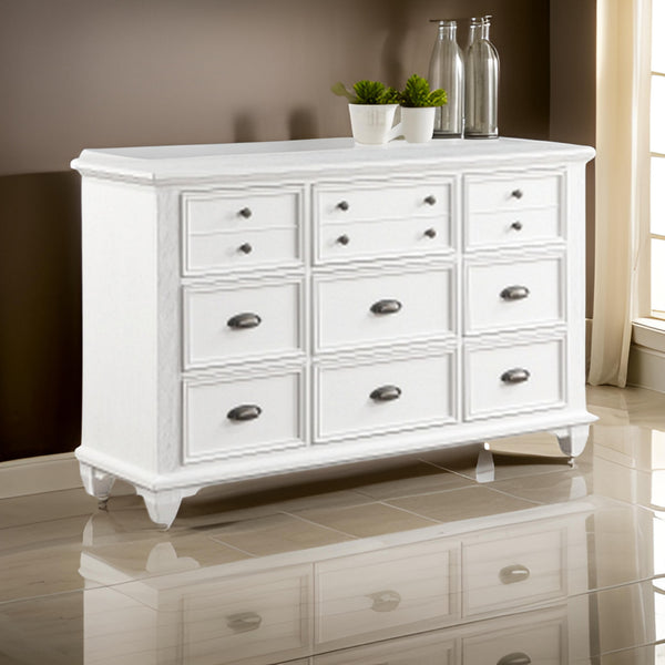 Lyni 61 Inch Wide Dresser with 9 Drawers, Farmhouse White Acacia Wood By Casagear Home - BM313177