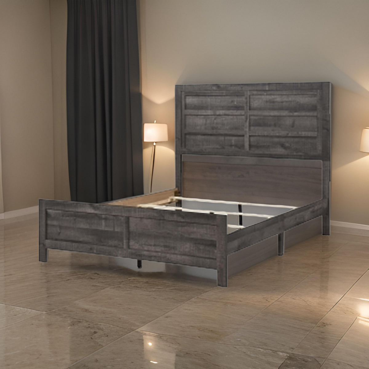 Romy Queen Size Bed with Headboard and Footboard, Rustic Gray Textured Wood - BM313182