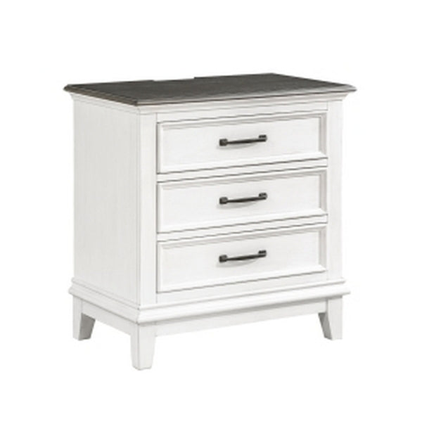 Woki 29 Inch Nightstand, 3 Drawers, USB Port, White, Brown Solid Wood - BM313189