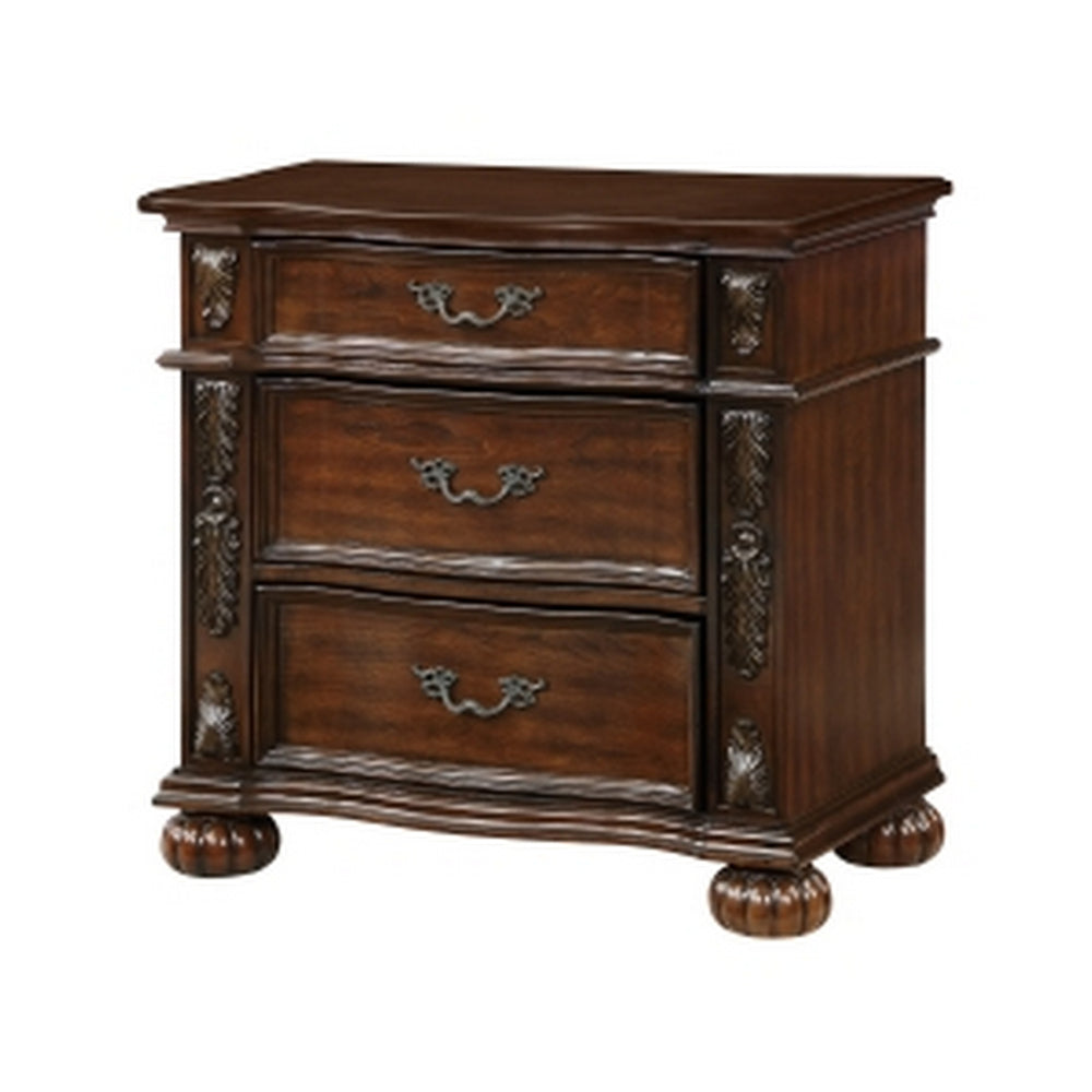 Nami 32 Inch Nightstand, 3 Drawers, Leaf Carvings, Cherry Brown Solid Wood - BM313192