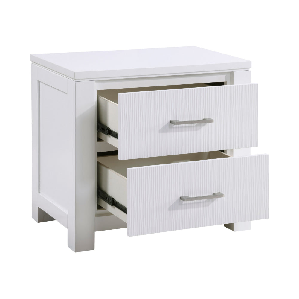 Roni 26 Inch Nightstand, 2 Drawers, Embossed Design, White Solid Wood - BM313194