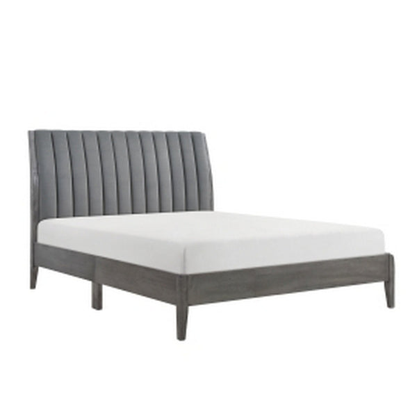 Queen Size Platform Bed, Channel Tufted Upholstered Back, Gray Velvet - BM313199