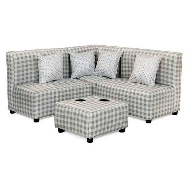 Kids Sectional Sofa with Ottoman, 4 Pillows, Checkered Fabric, Green, White - BM313215