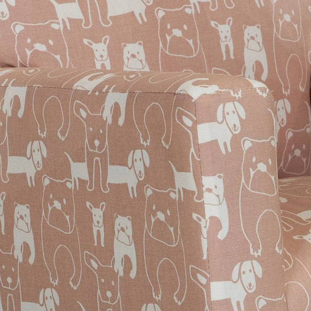 Tye 24 Inch Kids Rocking Chair, Soft Pink, White Dog Print, Brown Legs - BM313217