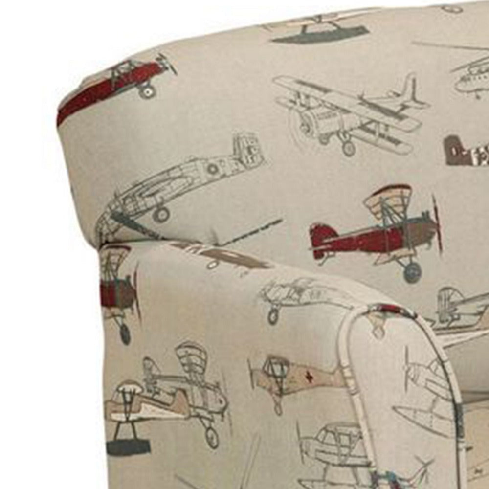 Tye 32 Inch Kids Sofa, Padded Beige Welt Trim Fabric Vintage Airplane Print - BM313218