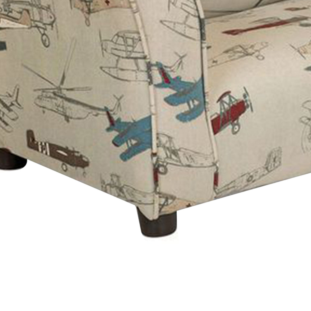 Tye 32 Inch Kids Sofa, Padded Beige Welt Trim Fabric Vintage Airplane Print - BM313218