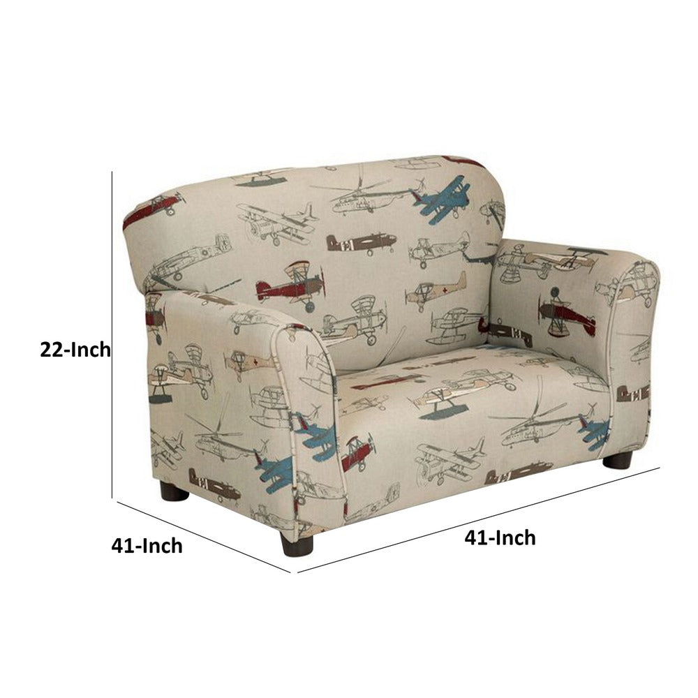 Tye 32 Inch Kids Sofa, Padded Beige Welt Trim Fabric Vintage Airplane Print - BM313218