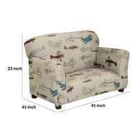 Tye 32 Inch Kids Sofa, Padded Beige Welt Trim Fabric Vintage Airplane Print - BM313218