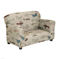 Tye 32 Inch Kids Sofa, Padded Beige Welt Trim Fabric Vintage Airplane Print - BM313218