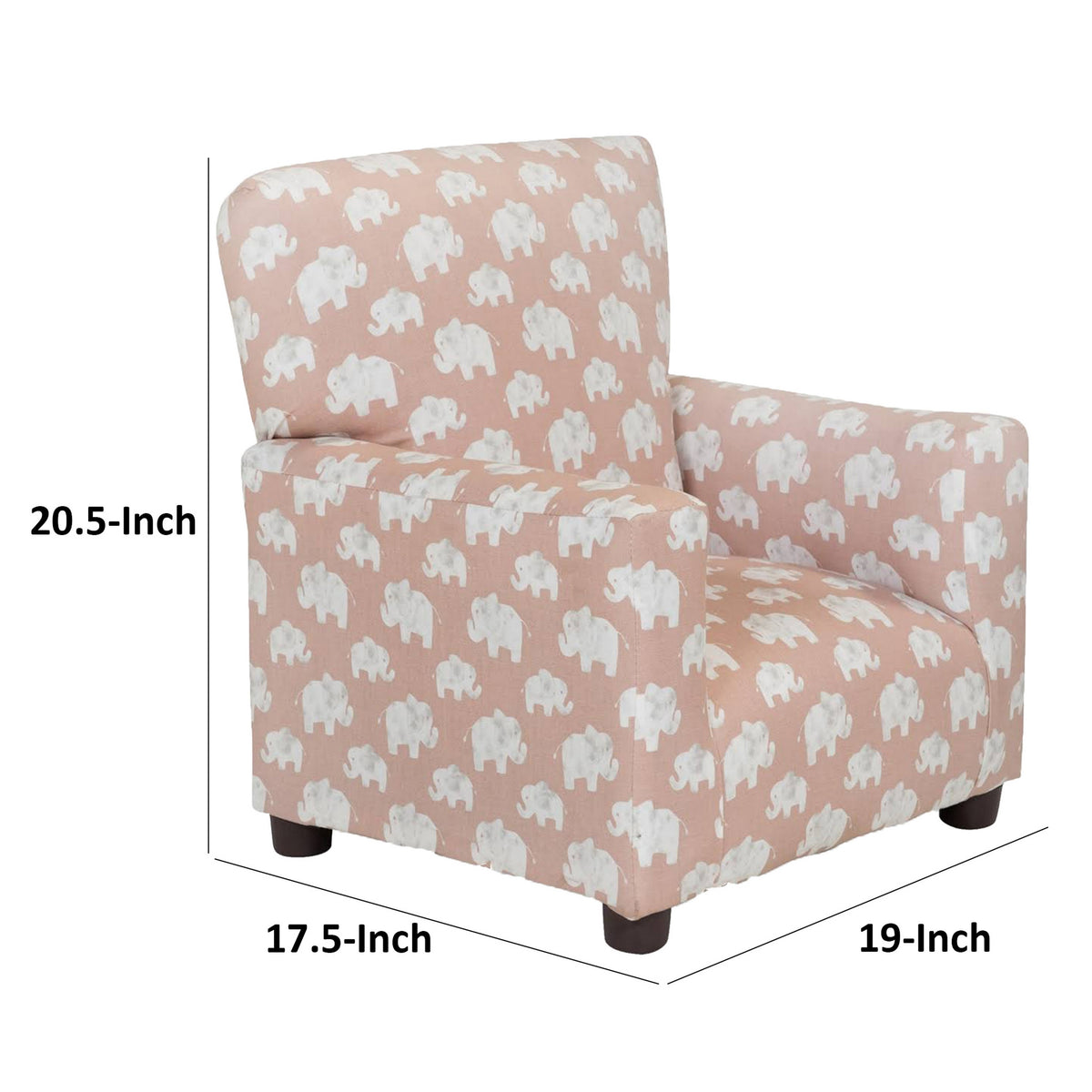 Tye 19 Inch Kids Sofa Chair, Pink Fabric, White Elephant Print, Sturdy Legs - BM313220