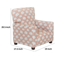 Tye 19 Inch Kids Sofa Chair, Pink Fabric, White Elephant Print, Sturdy Legs - BM313220