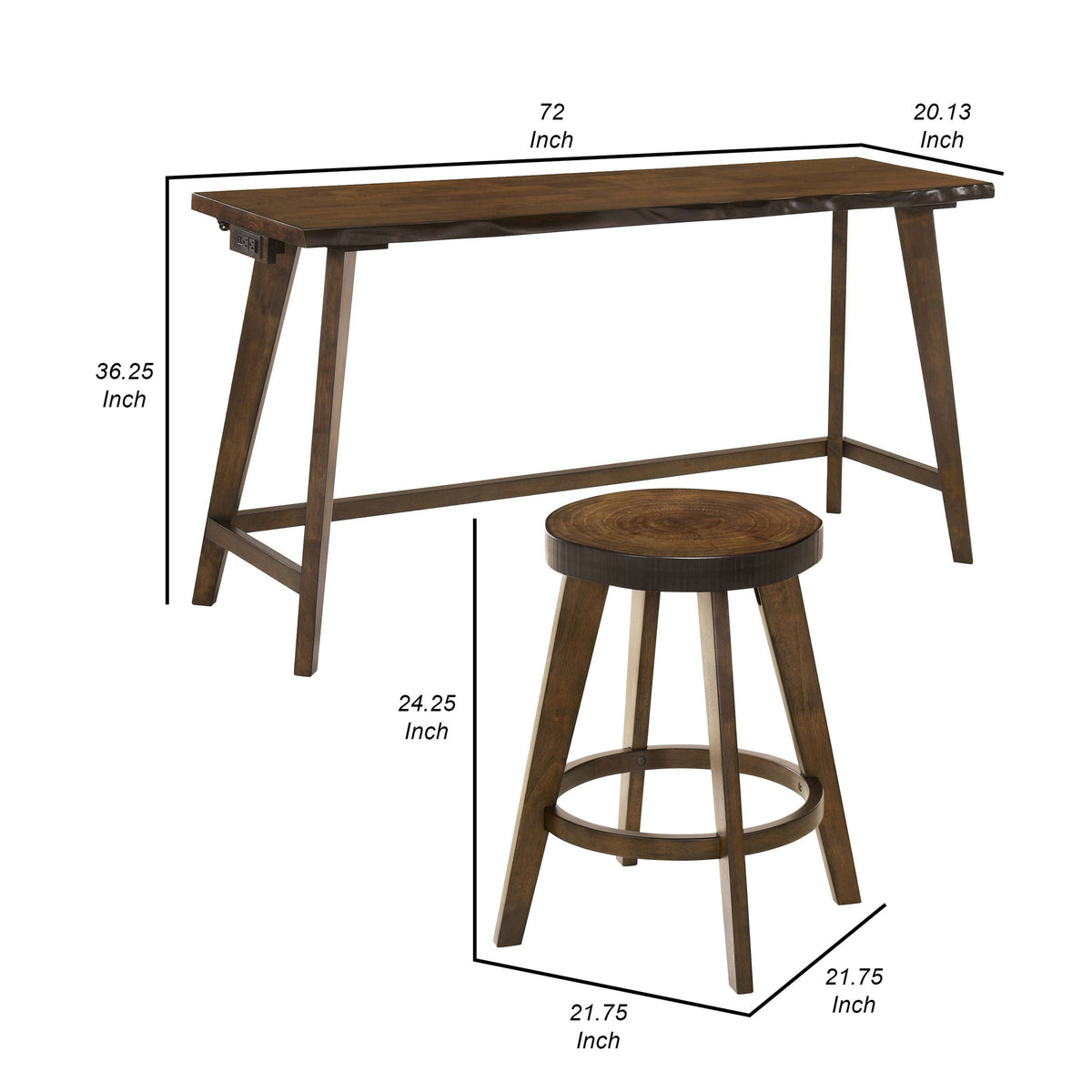 4 Piece Counter Height Table and Stool Set, Brown Wood, USB Power Outlet - BM313222