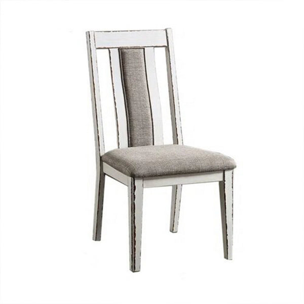 24 Inch Dining Side Chair Set of 2, Rustic White Wood, Gray Fabric Seat - BM313223