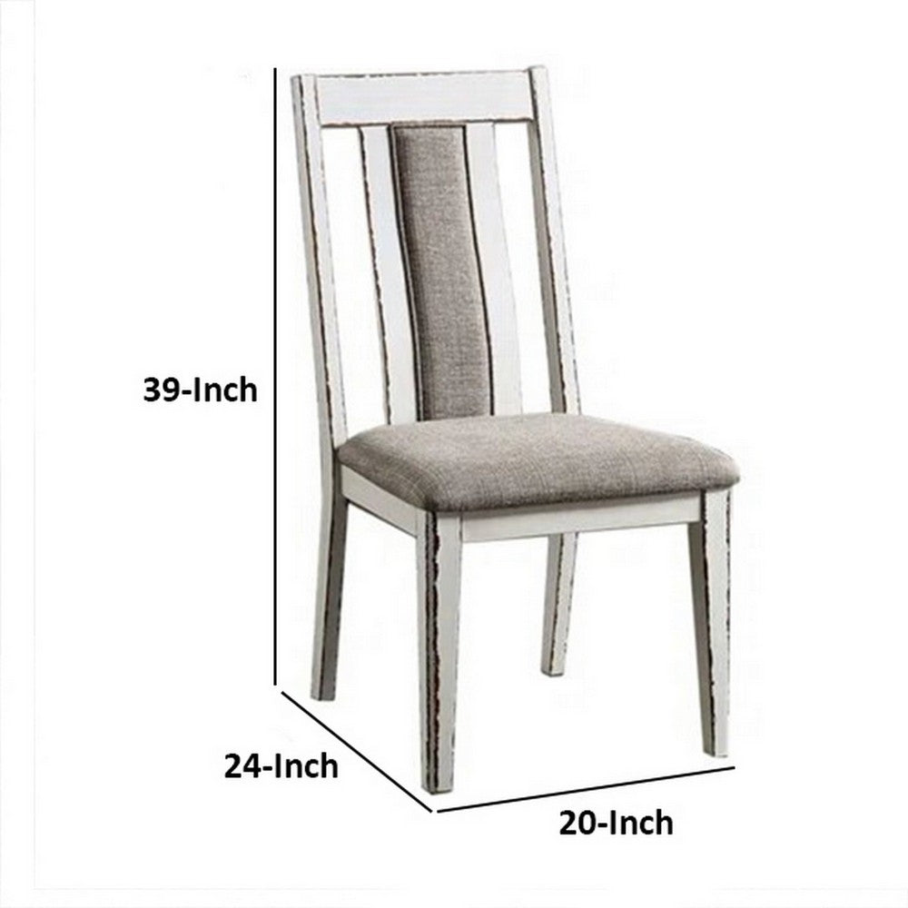 24 Inch Dining Side Chair Set of 2, Rustic White Wood, Gray Fabric Seat - BM313223