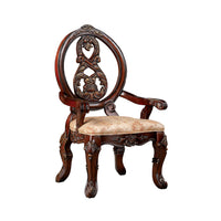 28 Inch Dining Side Chair Set of 2, Brown Wood Carved Back, Beige Fabric - BM313225