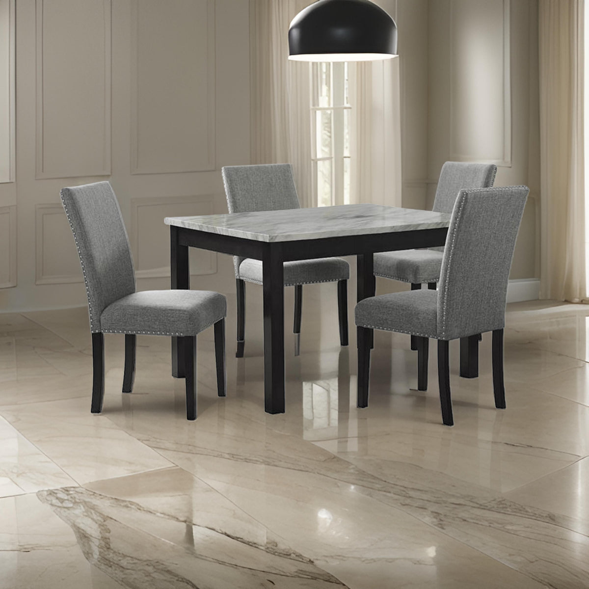 5 Piece Dining Table and Chairs, Brown Wood, Gray Fabric, Faux Marble Top - BM313229