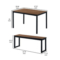 3 Piece Dining Table Set, 2 Benches, Brown Wood Grain Top, Black Metal - BM313230