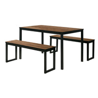 3 Piece Dining Table Set, 2 Benches, Brown Wood Grain Top, Black Metal - BM313230