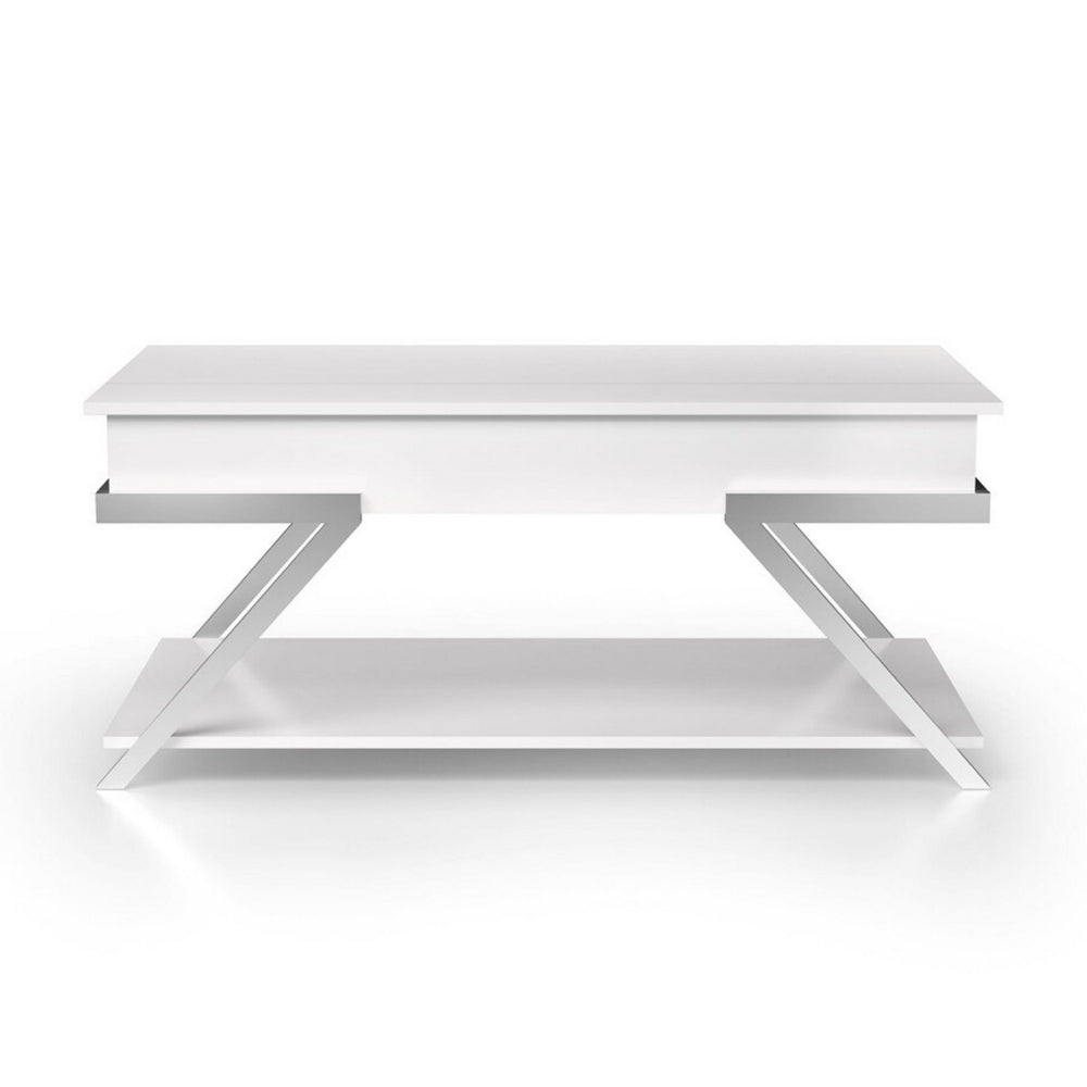 Tius 48 Inch Coffee Table, Chrome Frame, Lift Top, High Gloss White Finish - BM313231