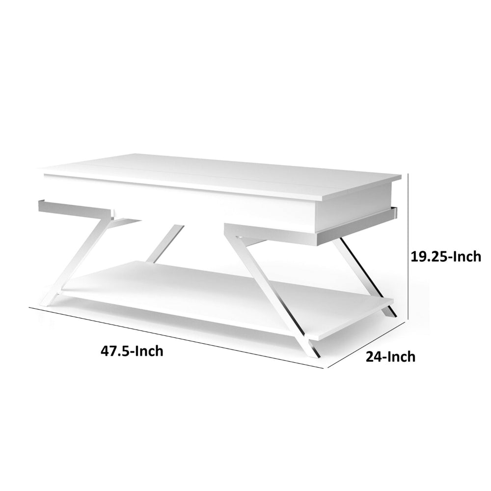 Tius 48 Inch Coffee Table, Chrome Frame, Lift Top, High Gloss White Finish - BM313231