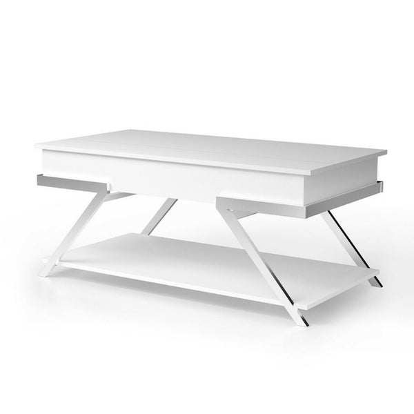 Tius 48 Inch Coffee Table, Chrome Frame, Lift Top, High Gloss White Finish - BM313231