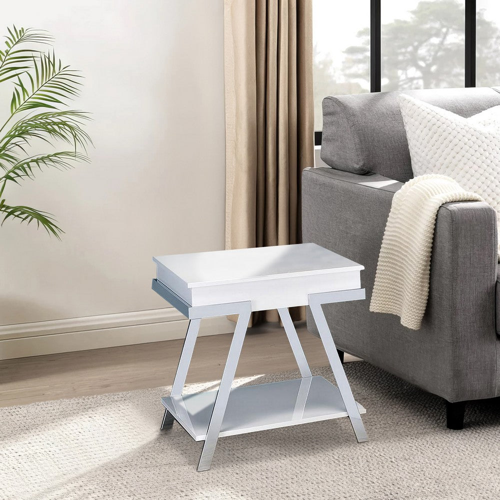 Tius 26 Inch Side End Table, Open Shelf, Chrome, High Gloss White Finish - BM313232
