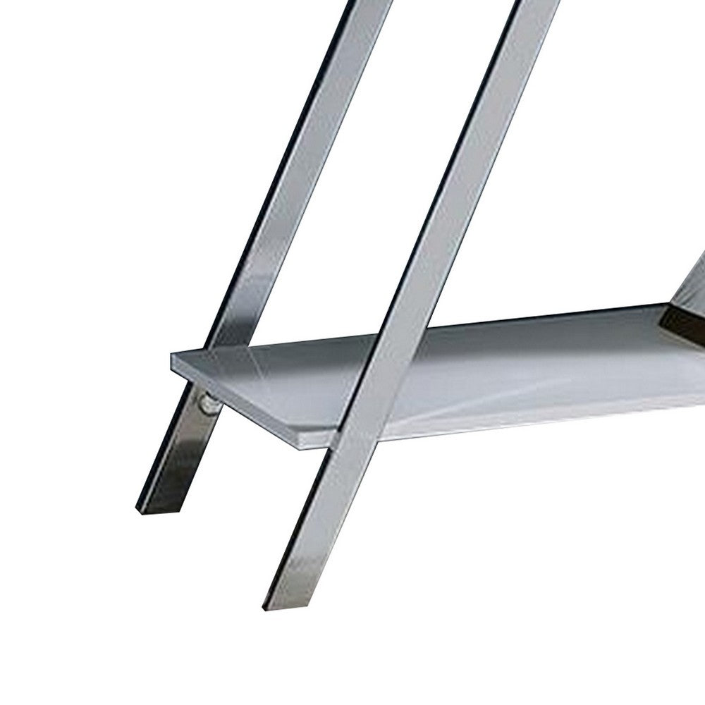 Tius 48 Inch Sofa Table, Open Shelf, Chrome Frame, High Gloss White Finish - BM313233