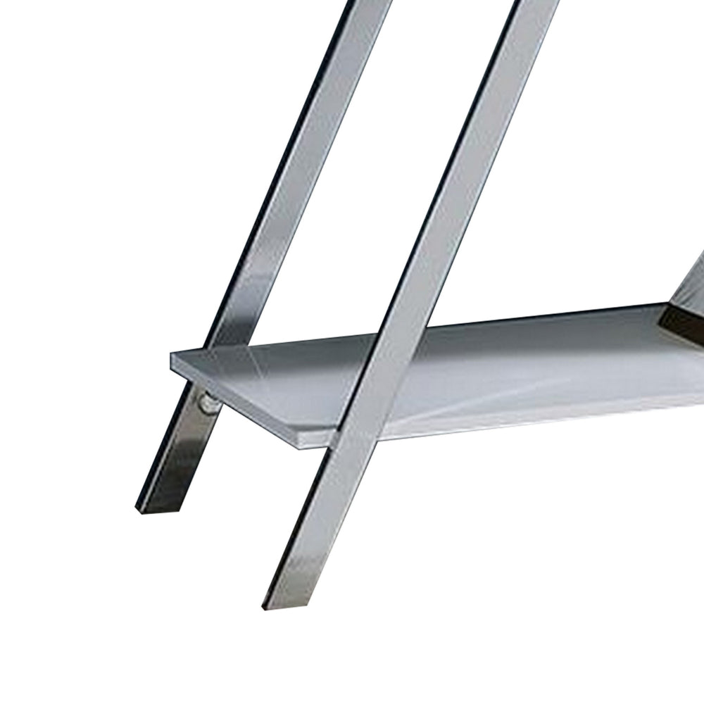 Tius 48 Inch Sofa Table, Open Shelf, Chrome Frame, High Gloss White Finish - BM313233