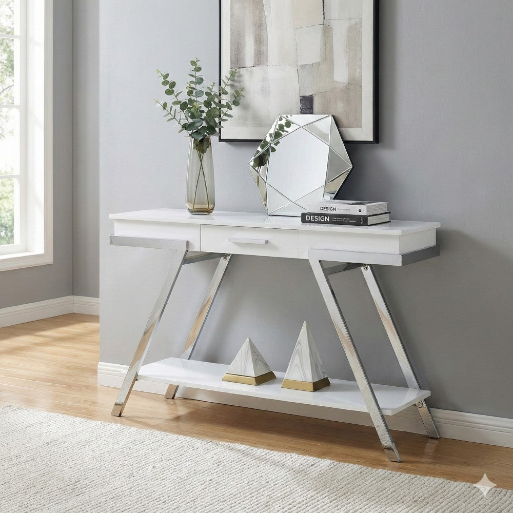 Tius 48 Inch Sofa Table, Open Shelf, Chrome Frame, High Gloss White Finish - BM313233