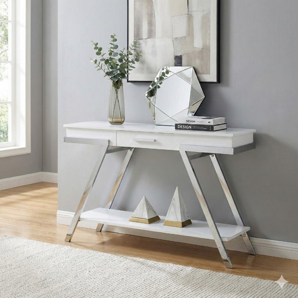 Tius 48 Inch Sofa Table, Open Shelf, Chrome Frame, High Gloss White Finish - BM313233