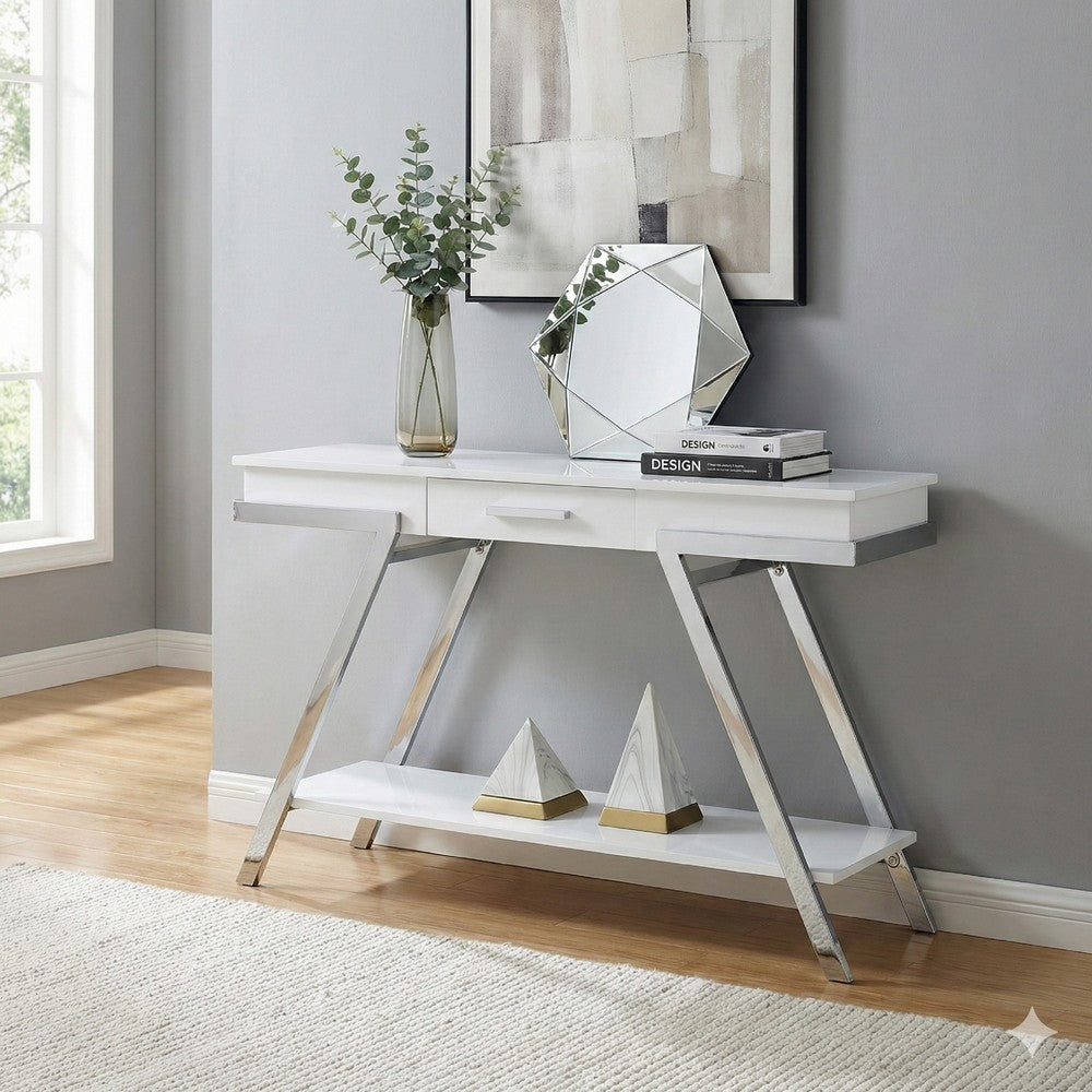 Tius 48 Inch Sofa Table, Open Shelf, Chrome Frame, High Gloss White Finish - BM313233