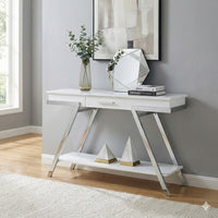 Tius 48 Inch Sofa Table, Open Shelf, Chrome Frame, High Gloss White Finish - BM313233