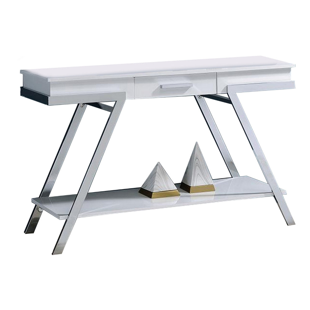 benzara Tius 48 Inch Sofa Table Open Shelf Chrome Frame High Gloss White Finish - BM313233