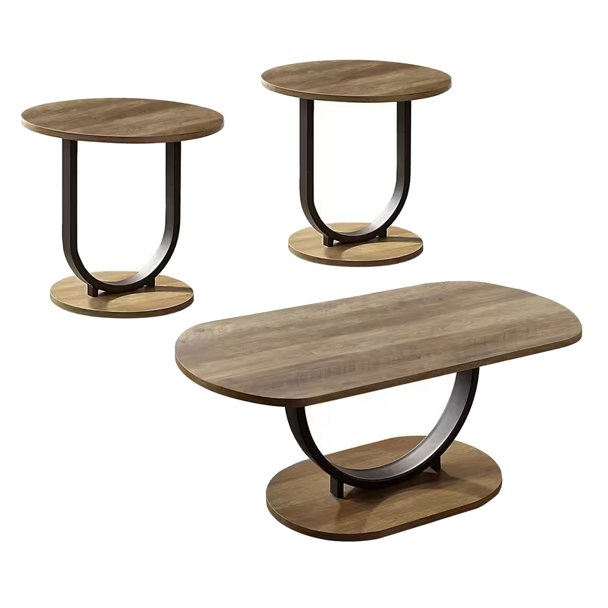 Obin 3 Piece Coffee and End Table Set, Brown MDF, Black U Shape Steel Base - BM313234