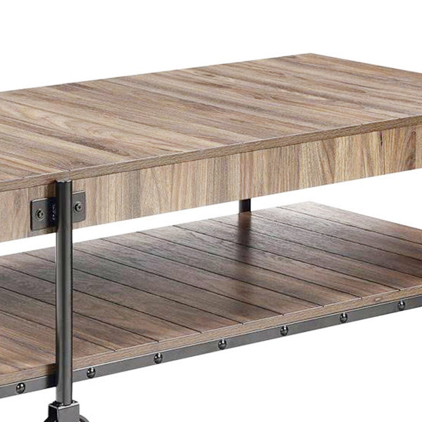 Loak 47 Inch Coffee Table, Brown Plank Top, Bottom Shelf, Wheels, Black - BM313236