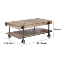 Loak 47 Inch Coffee Table, Brown Plank Top, Bottom Shelf, Wheels, Black - BM313236