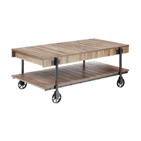 Loak 47 Inch Coffee Table, Brown Plank Top, Bottom Shelf, Wheels, Black - BM313236