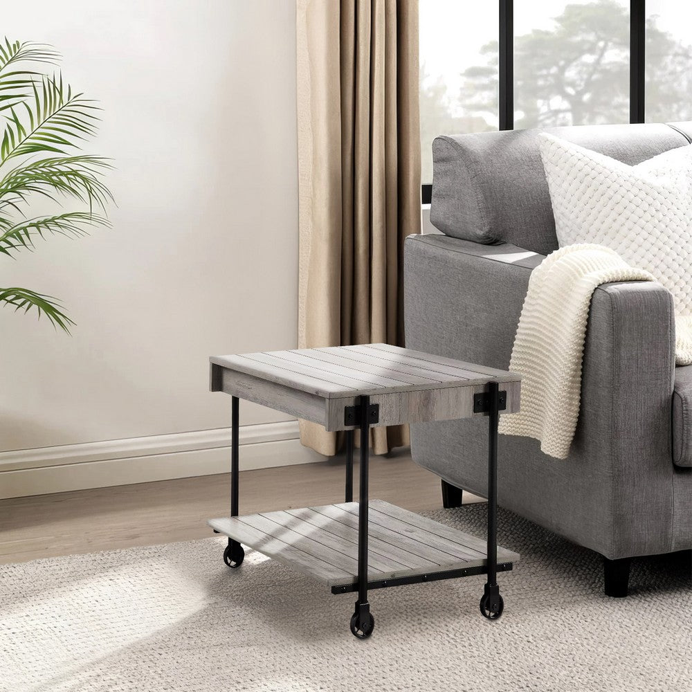 Loak 24 Inch Side End Table, Plank Design, Caster Wheels, Brown, Black - BM313237