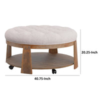 Gus 41 Inch Ottoman Coffee Table, Button Tufted Beige Fabric, Brown Wood - BM313241