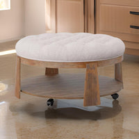 Gus 41 Inch Ottoman Coffee Table, Button Tufted Beige Fabric, Brown Wood - BM313241