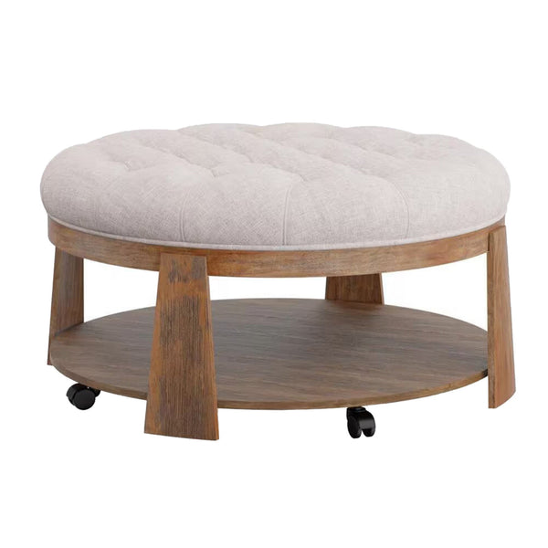 Gus 41 Inch Ottoman Coffee Table, Button Tufted Beige Fabric, Brown Wood - BM313241